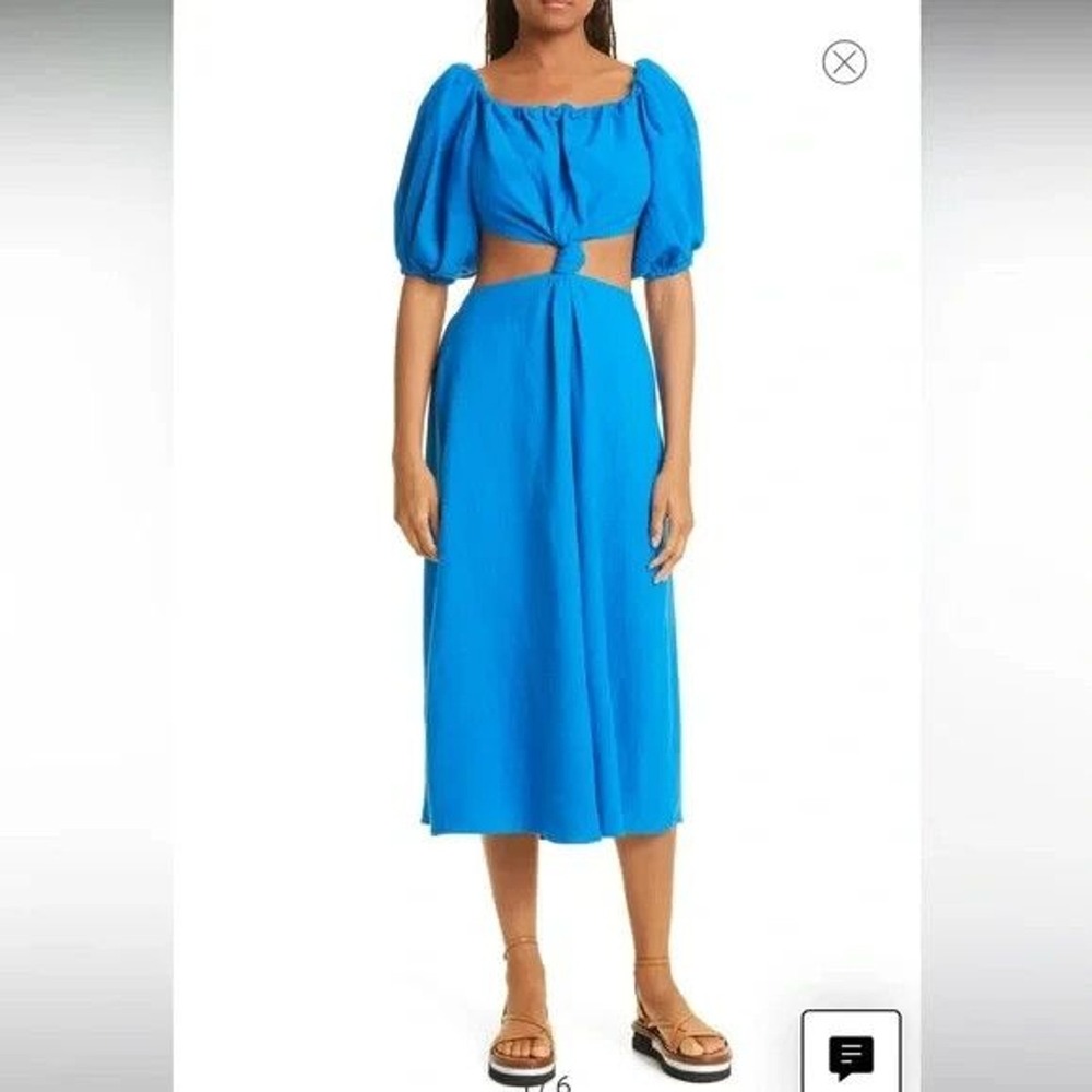 Farm Rio Dress Women L Blue Turquois Cutout Knot Midi Puff Slv Linen Peasant NWT